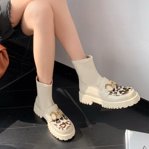 Handmade Ankle Boots For Women Chunky Platform Middle Heels Booties Leopard Horse Hair Slip On Metal Buckle Stretch Boots Size 9