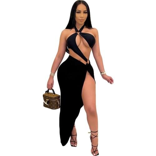 Black Swimwear 2 Piece Bikini Sets Summer Outfits for Women Hanging Neck Cut Out Hole Bodysuit+long Skirts Vacation Tracksuits
