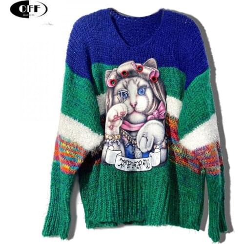 Autumn winter cartoon Stripe color matching sweaters women fashion loose oversized long sleeve lady Pullover top traf clothing