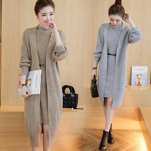Spring/autumn women set two pieces clothing computer knitted cardigans and dresses elastic coats autumn sweater sets