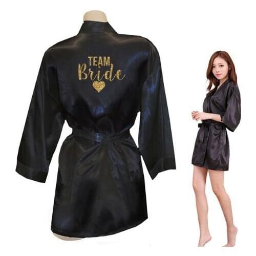 Kimono Robe Faux Silk Women Wedding Preparewear Bride Team Heart Golden Glitter Print Robes Bachelorette Pajamas Free Shipping