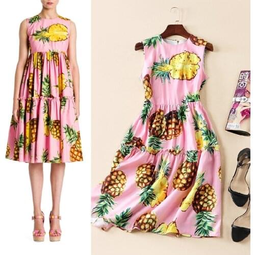 Women Plus Size Summer Fashion Sleeveless Pineapple Print Dress Laides Celebrity High-Street Runway Retro Vintage A Line Dresses