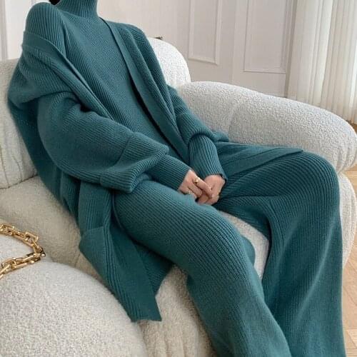 Autumn Solid Ladies Knitted Suit Winter Womens Knit Bandage Cardigan Pullover Top Wide Leg Pants Three Piece Set Female Outfit