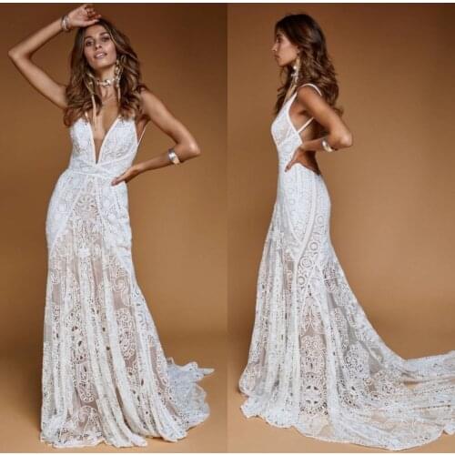 2021 New Design Boho Full Lace Weddding Dresses Beach V Neck Sexy Backless Sweep Train Bohemian Bridal Gowns Plus Size