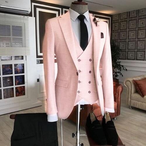 2021 Luxury Pink Double Breasted Vest Costume Homme Men Suits For Wedding Groom Prom Best Man Blazer Masculino Slim Fit 3 Pieces