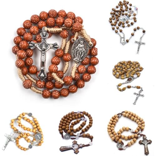9 Styles Christ Jesus Wooden Beads Rosary Cross Pendant Woven Rope Chain Necklace Religious Praying Jewelry
