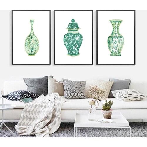 Watercolor Chinoiserie Vases Print Ming Porcelain emerald asian Green China Art Canvas Painting Eastern Poster Wall Art Decor