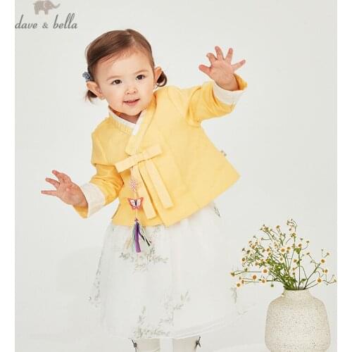 DB16930 dave bella spring baby girls Chinese style bow floral clothing sets kids fashion long sleeve sets children 2 pcs suit