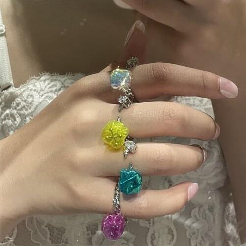 FFLACELL 2021 NEW Korean Fashion Personality Color Candy Paper Colorful Rhinestone Open Rings for Women Girl Jewelry Whole Sale