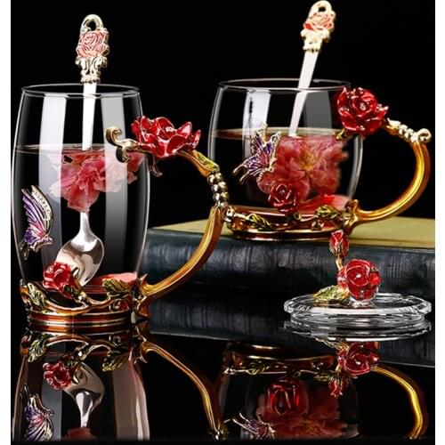 Creative Enamel Color Butterfly Love Flower Rose Tea Cup Glass Household Heat-Resistant Water Cup Milk Tea Cup Female Gift