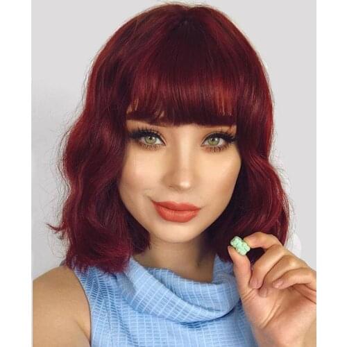 BYMC Natural Wave Bob with Bangs Human Hair Full Lace Wigs Brazilian Remy Wine Red 99J Hair Glueless Preplucked with Baby Hair
