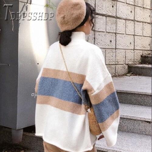 2019 New Thick Turtleneck Stripe Women Sweater Korean Loose Winter Warm Female Sweaters