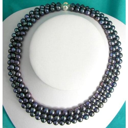 3 Row Black Round 8-9mm Cultured Freshwater Pearl Necklace Choker 17-19"