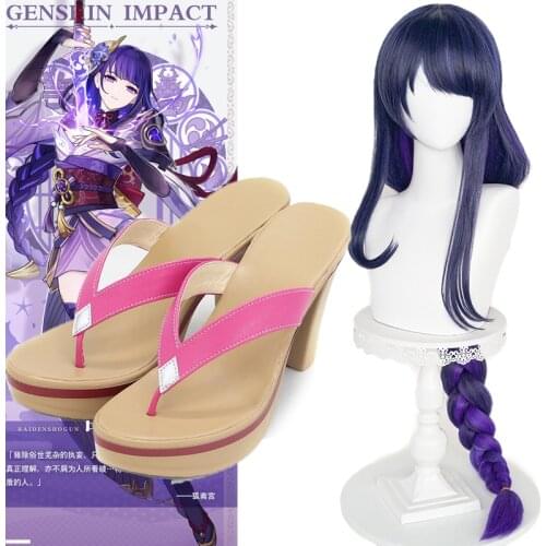 Genshin Impact Baal Cosplay shoes boots Wig Raiden Shogun Cosplay Wigs 100cm Long Graident Purple Braided Wigs Synthetic Hair