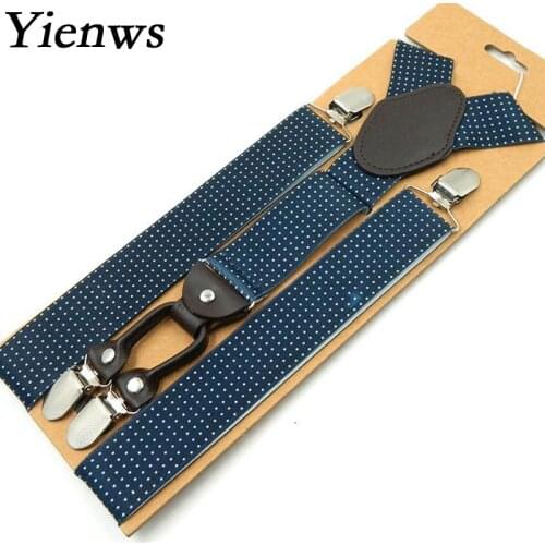 Yienws Braces Mens Suspenders Fashion Print Jartiyer Men Blue Dot Leather Suspender 4 Clip Button Pant Suspensorio YiA008