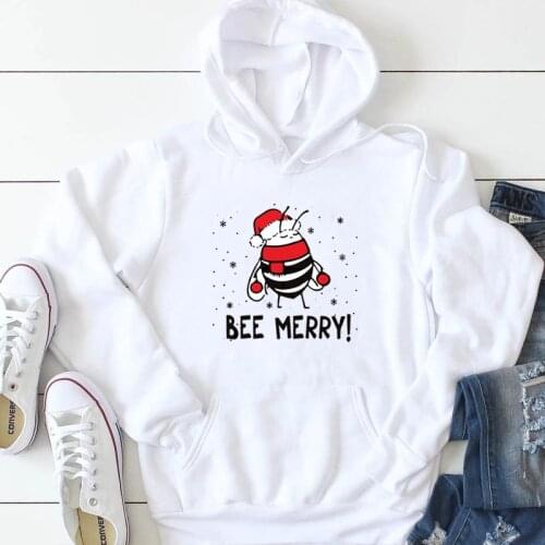 Bee merry christmas pure cotton hoodies warm winter holiday gift street style hoodie young hipster cute graphic vintage art tops