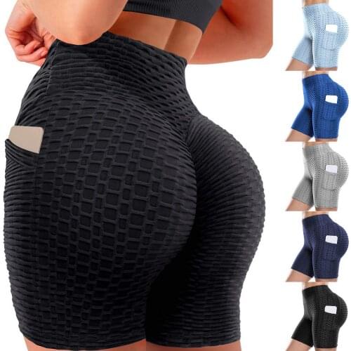 Sports Yoga Shorts Side Pockets High Waist Hip Stretch Bubble Shorts Super Elastic Five-point Pants Sports Fitness Cycling