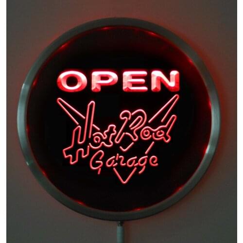 Rs-0068 Hot Rod Garage OPEN LED Neon Round Signs 25cm/ 10 Inch - Bar Sign with RGB Multi-Color Remote Wireless Control Function
