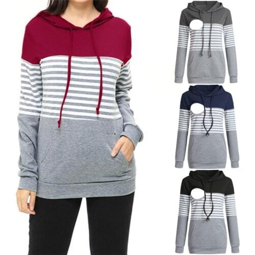 Maternity Hoodie Multifunctional Breastfeeding Striped Color-Blocking Hooded Nursing Mothers Clothes for Pregnant Women Top XXL