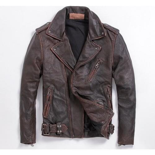 Factory 2019 New Vintage Brown Men Slim Fit Motorcycle Leather Jacket 100% Real Cowhide Short Biker Jackets Russia Winter Coats