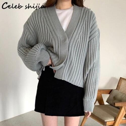 SHIJIA Knitwear Jacket Woman Gray Chic V Neck Knitted Cropped Cardigan Female Korean Autumn Winter Warm Sweater Fall