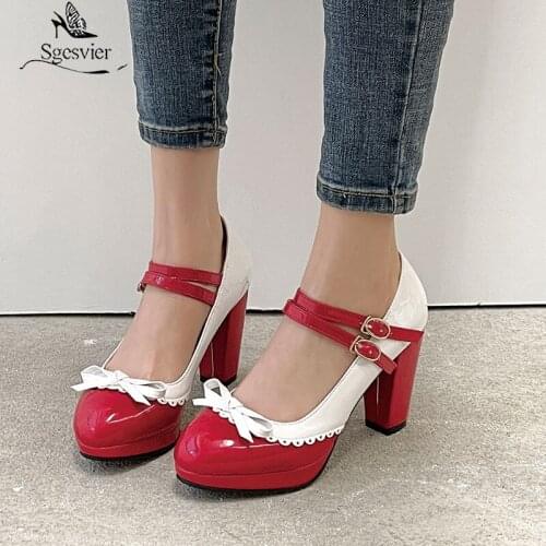 Sgesvier 2021 Patent PU Leather Yellow Purple Patchwork Brogue Design Womans Mary Janes Shoes Platform Block High Heels Size 48