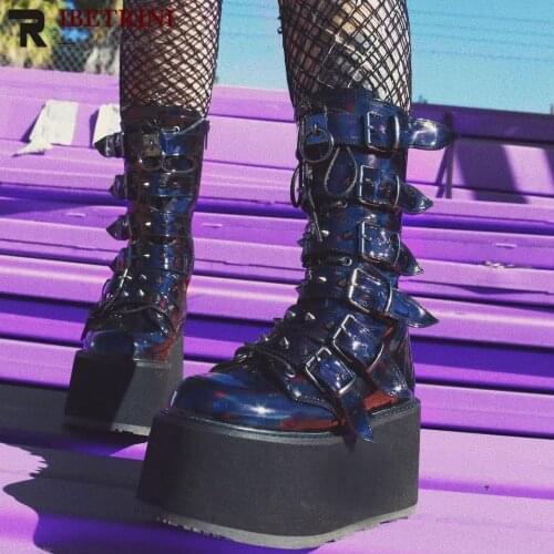 Female Boots Motorcycle Punk Style Platform Wedges Buckle Rivet Brand Design Fashion Med Calf Womens Shoes 2021 New Arrivals
