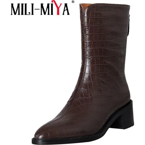 MILI-MIYA Thick Heels Dress Party Shoes Women Pointed Toe Zipper Stone Pattern Genuine Leather Autumn Winter Classic Ankle Boots