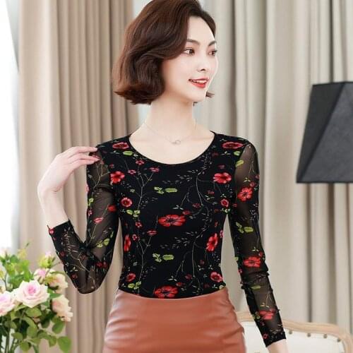 Womens Spring Summer Style Lace Blouses Shirt Womens O-neck Printed Long Sleeve Elegant Casual Lace Tops SP8735