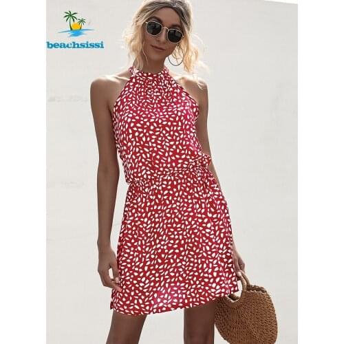 Beachisissi 3 Colors 2021 New Summer Dots Print Halter Neck Dress For Woman Sleeveless Elastic High Waist Fashion Soft Sundress