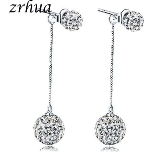 ZRHUA Hot Sale 1 Pair Real 925 Sterling Silver Austrian Pave Disco Ball Hoop Lever back Earring Woman Jewelry Hot Sale Brincos