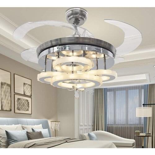 42 Inch Invisible Crystal Ceiling Fan with LED Light and Remote, 4 Retractable ABS Blades Fan Chandelier for Bedroom Diningroom