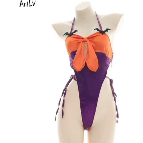 AniLV Halloween Pumpkin Bat Devil Bodysuit Swimsuit Costume Beach Women Halter One-piece Swimwear Uniform Set Pool Party Cosplay