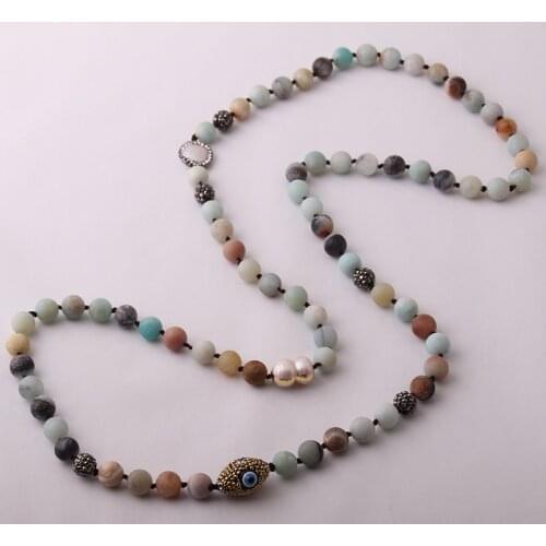 Shipping Bohemian Jewelry Fashion knotted long Halsband 10mm Amazonite Natural Stone Handmake Crystal Paved Stone Necklace