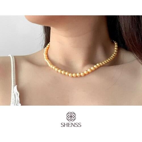 Elegant Gold Preal Necklace Classic Temperament Wedding Necklace 6-10mm Shell Pearl Cream 925 Sterling Silver Chain for Women