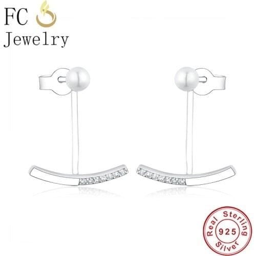 FC Jewelry 100% 925 Silver Bow Shape Zirconia Geometric Simulated Pearl Ear Stud Earrings For Girl Brincos Piercing Boucle 2020