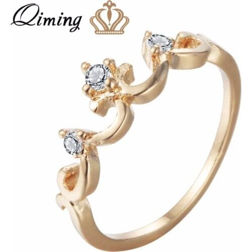 QIMING Pure Princess Crown Ring Engagement Bride Wedding Jewelry Trendy Women Delicate Rings Gold CZ Crystal Ring Girls