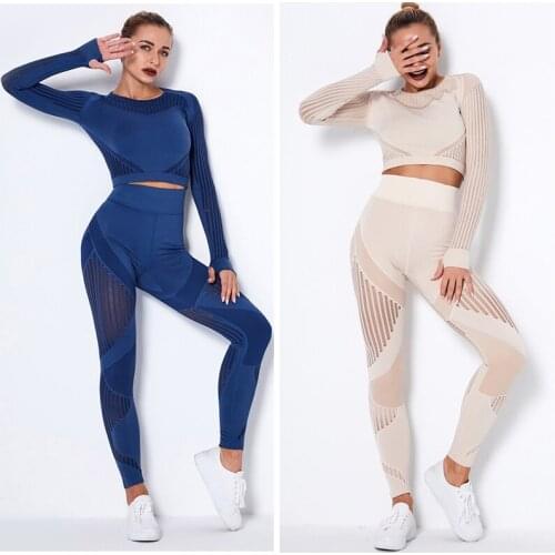 Hollow Out Seamless Yoga Set Sport Outfits Women Two 2 Piece Gym Clothing Long Sleeve High Waist Running Leggings Workout Pants