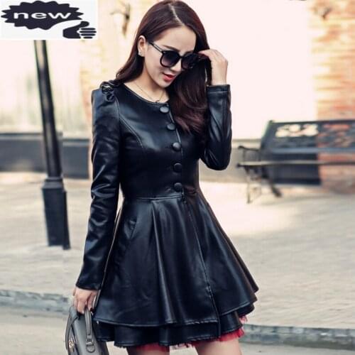 Italy Design Ruffles Ladies Faux Leather Single Breasted Long Women Jacket Big Size XL-6XL Slim Fit Female Outerwear Coat