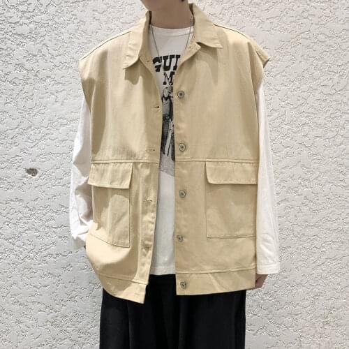 Mens Sleeveless Khaki Jacket Vest Coat Spring Summer New Style Trend Versatile Loose Top Fashion Streets College Pure Color