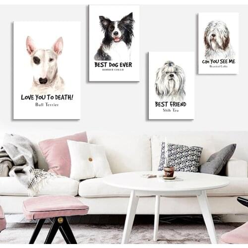 Cute Adorable Dog Bull Terrier Border Collie Shih Tzu Beared Collie Living Room Sofa Modern Decorative Wall Art Canvas Painting