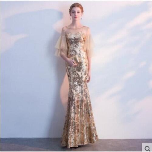 Fashion Sparkly Gold Sequins Mesh Sleeves Long Dress Womens Celebrate Vintage Dress Sexy Wear Bar Female Singer Show Dress