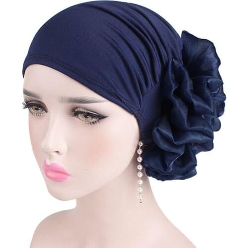 Fashion Women Big Flower Hijab Bonnet Muslim Stretch Headscarf Islamic Head Wrap Turban Caps Ladies Hair Accessories Chemo Hat