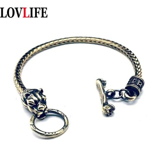 Pure Brass Leopard Head Bracelet Snake Scale Chains Buddhist Mantra Bead Vintage Punk Men Bracelets Jewelry Fashion Trendy Gifts