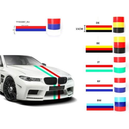 1Pcs Germany Belgium Italy Russia France Country Flag Three Color Car Front Hood Sides PVC Sticker Sports Racing Decals For 5M