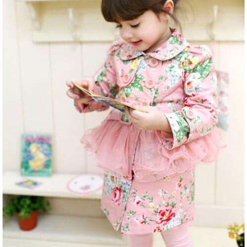 New Autumn Children Girl clothes Lolita Style Cotton long style Trend Floral print Tulle Ruffles rim outerwear coats 3-9 years