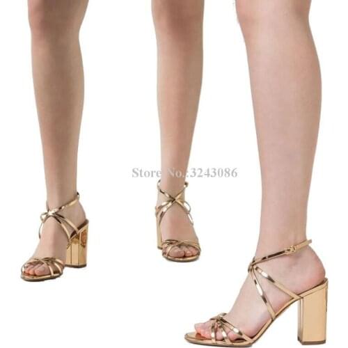 Women New Gold Strappy Chunky Heel Sandals Fashion Concise Style Dress Sandals Shoes Lady Large Size Banquet Heels Dropship
