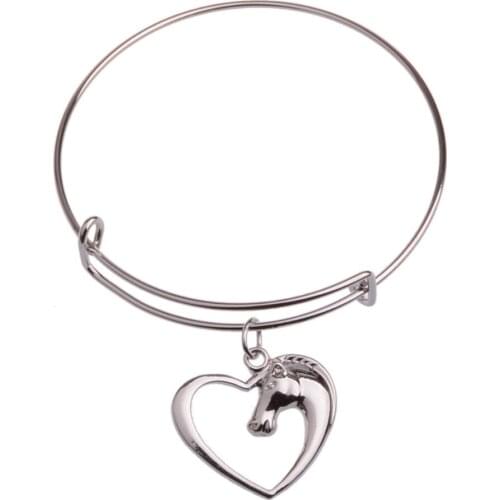 Charm Heart Horse Head Silver Plated Animal Pendant Bracelet Bangle For Girls Women Jewelry Bangles Gifts Bijoux Xmas Wholesale