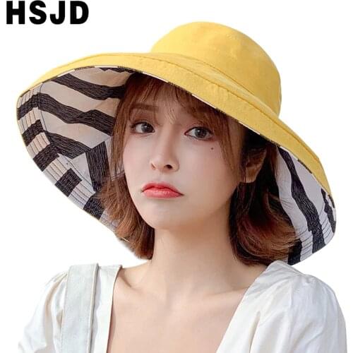 Zebra Striped Sun Hat Summer Women Double-sided Foldable Cotton Linen Sun Beach Hats Big Wide Brim Sunscreen Female Bucket hat
