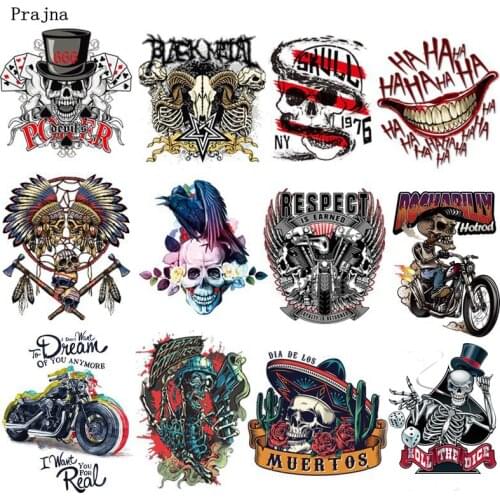 Prajna Punk Rock Skull Patch Vinyl Transfer Hot Iron On Transfers Patches For Clothes Stripes Thermal Stickers On Clothes Badges